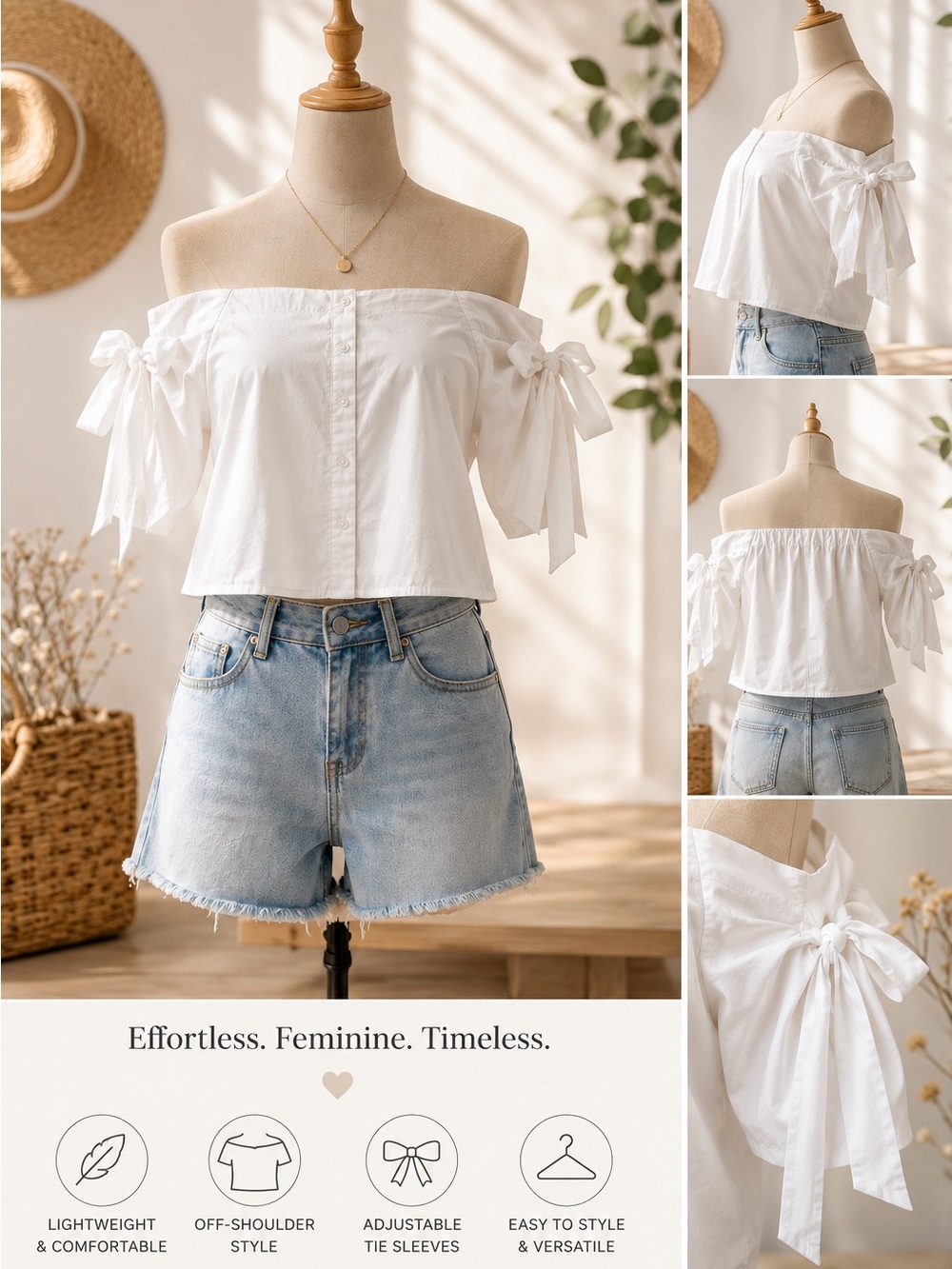 Forever 21 White Off-Shoulder Button Front Tie-Sleeve Top